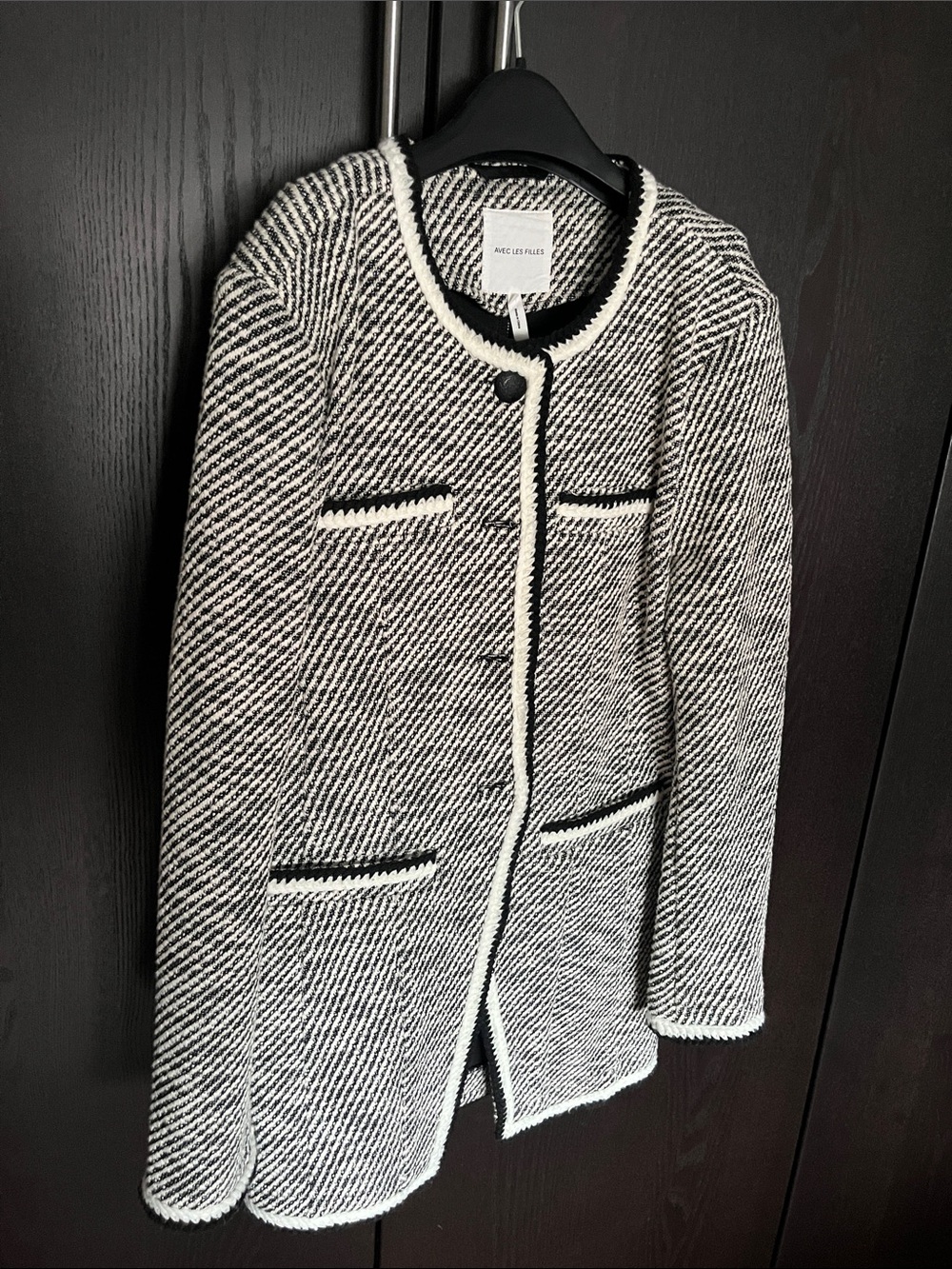 Avec Les Filles Black and White Textured Collarless Jacket